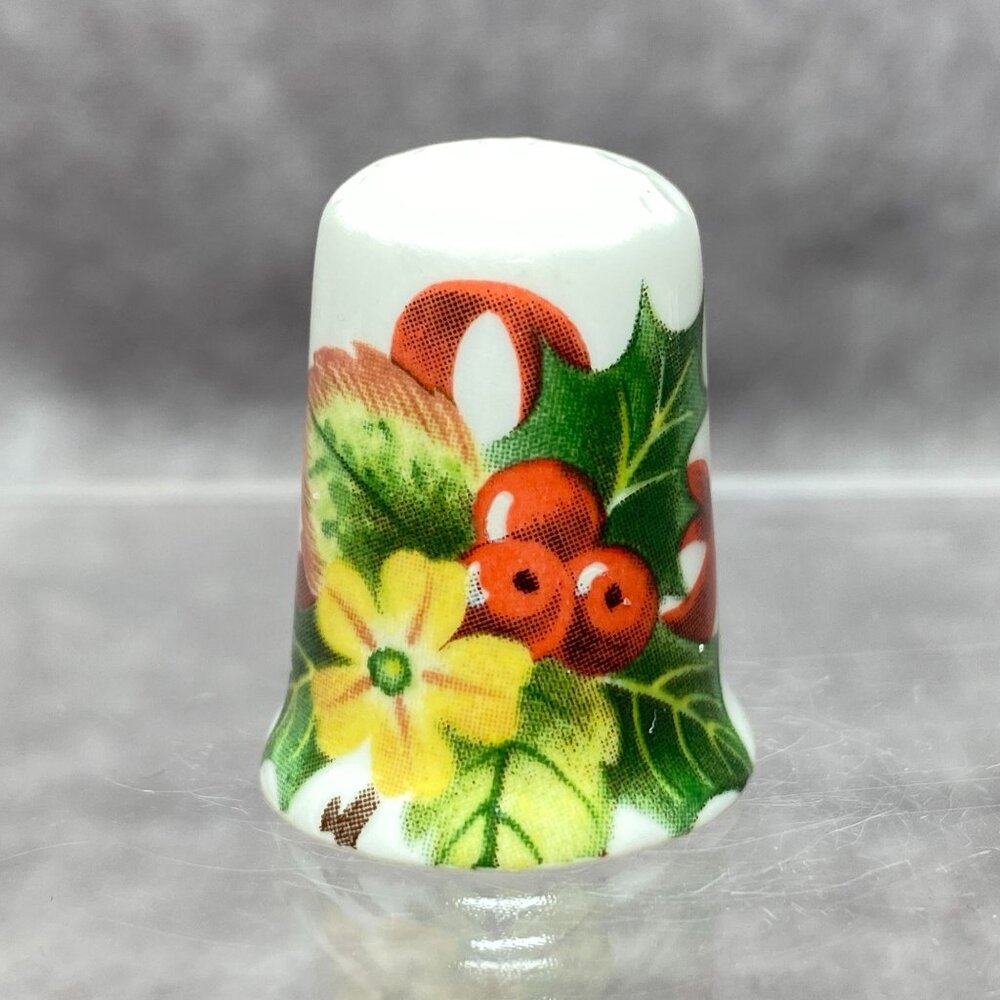 Vintage Bone China Thimble With Red Berries & Yellow Flower Design England
